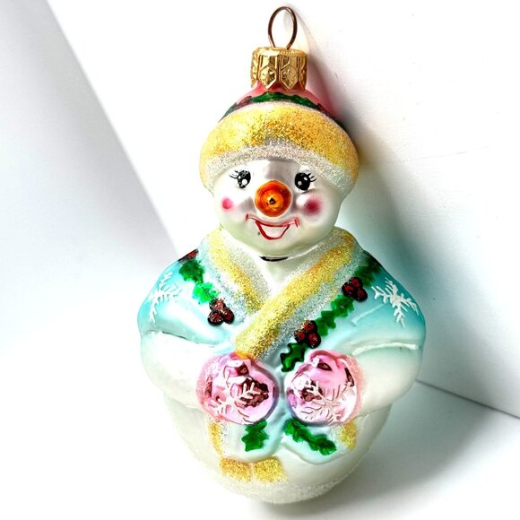 Christopher Radko 1998 Jolly Wrap Jr Frosty Snowman Glass Christmas Ornament 4" - Picture 1 of 7